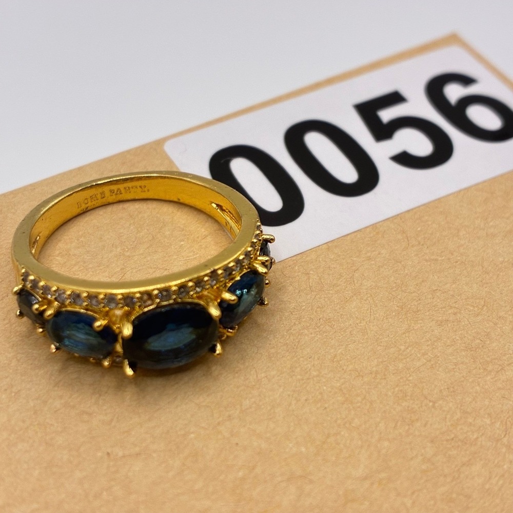 Bomb Party Ring Women Size 7.5 Gold Blue Stone Oval Cut Pavé Crystal Band - Picture 5 of 6